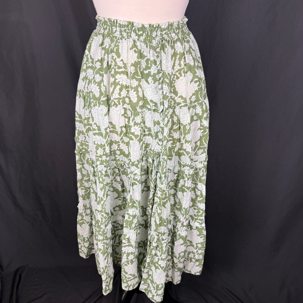 Boho Indian Block Printed Cotton tiered Maxi Skirt Green and White Sz S